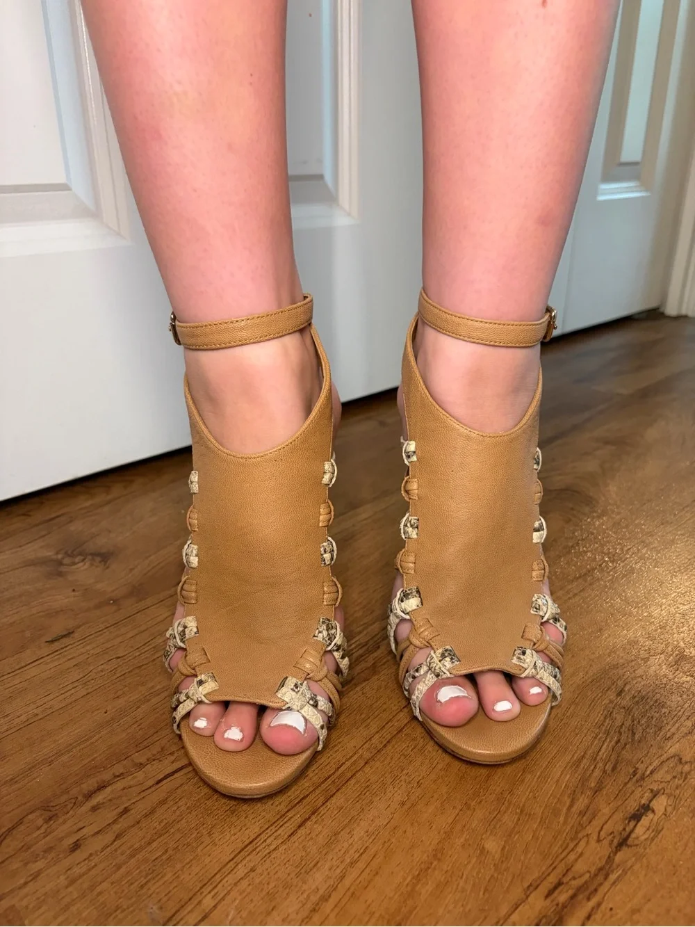 Coach Tan Strappy High Heel Sandals with Snakeskin Accents
